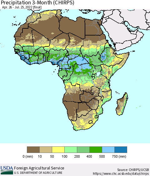 Africa Precipitation 3-Month (CHIRPS) Thematic Map For 4/26/2022 - 7/25/2022