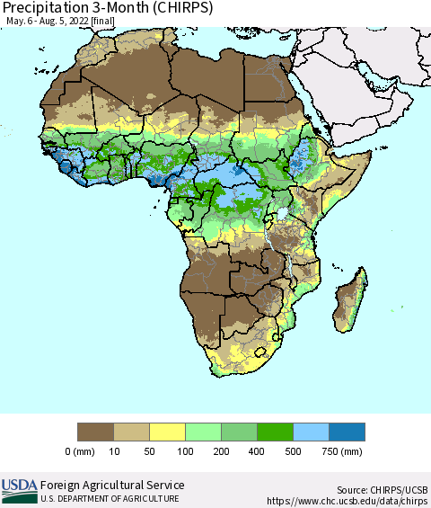 Africa Precipitation 3-Month (CHIRPS) Thematic Map For 5/6/2022 - 8/5/2022