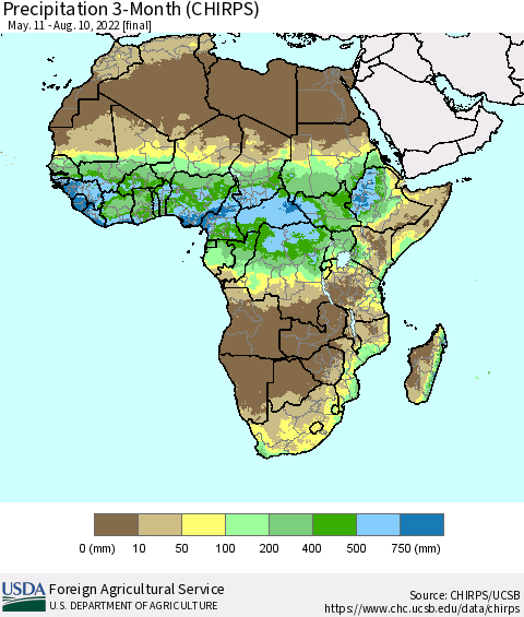 Africa Precipitation 3-Month (CHIRPS) Thematic Map For 5/11/2022 - 8/10/2022