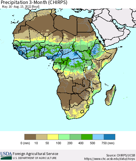 Africa Precipitation 3-Month (CHIRPS) Thematic Map For 5/16/2022 - 8/15/2022