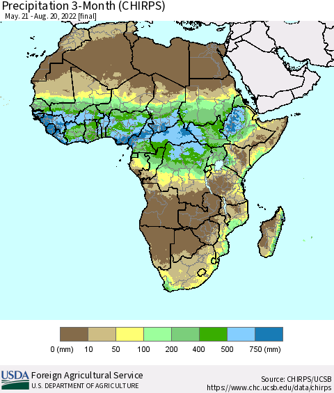 Africa Precipitation 3-Month (CHIRPS) Thematic Map For 5/21/2022 - 8/20/2022