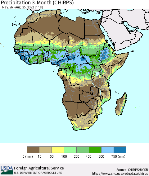 Africa Precipitation 3-Month (CHIRPS) Thematic Map For 5/26/2022 - 8/25/2022