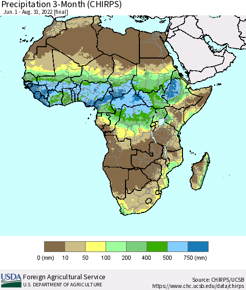 Africa Precipitation 3-Month (CHIRPS) Thematic Map For 6/1/2022 - 8/31/2022
