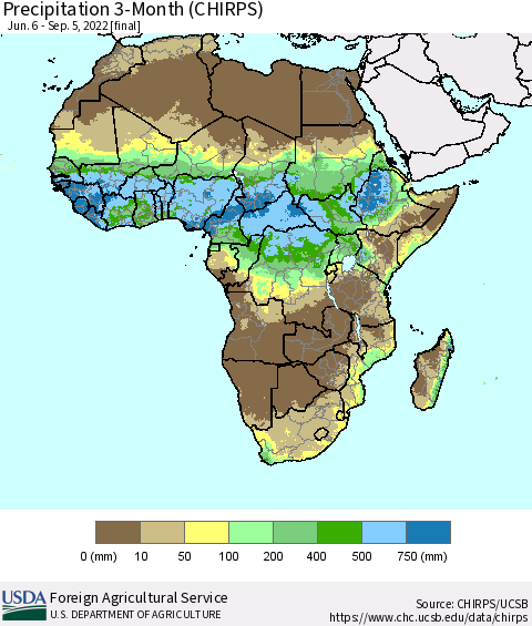 Africa Precipitation 3-Month (CHIRPS) Thematic Map For 6/6/2022 - 9/5/2022