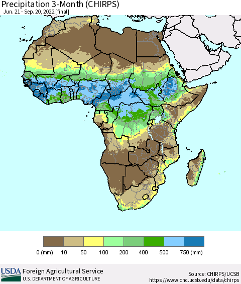 Africa Precipitation 3-Month (CHIRPS) Thematic Map For 6/21/2022 - 9/20/2022