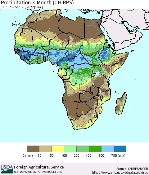 Africa Precipitation 3-Month (CHIRPS) Thematic Map For 6/26/2022 - 9/25/2022