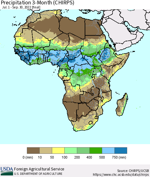 Africa Precipitation 3-Month (CHIRPS) Thematic Map For 7/1/2022 - 9/30/2022