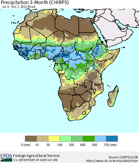 Africa Precipitation 3-Month (CHIRPS) Thematic Map For 7/6/2022 - 10/5/2022