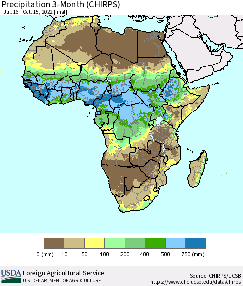Africa Precipitation 3-Month (CHIRPS) Thematic Map For 7/16/2022 - 10/15/2022