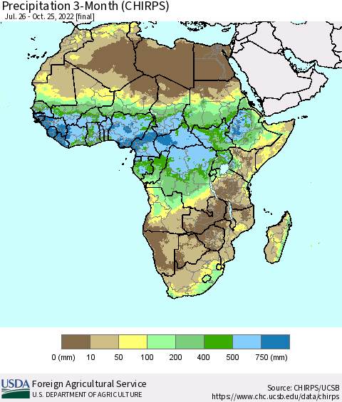 Africa Precipitation 3-Month (CHIRPS) Thematic Map For 7/26/2022 - 10/25/2022
