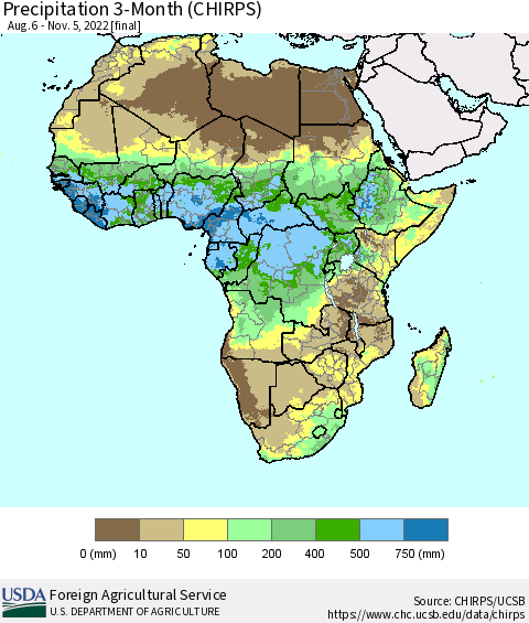 Africa Precipitation 3-Month (CHIRPS) Thematic Map For 8/6/2022 - 11/5/2022