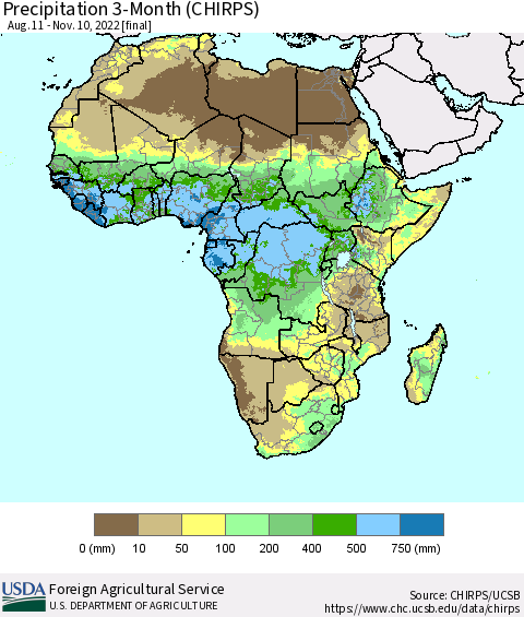 Africa Precipitation 3-Month (CHIRPS) Thematic Map For 8/11/2022 - 11/10/2022