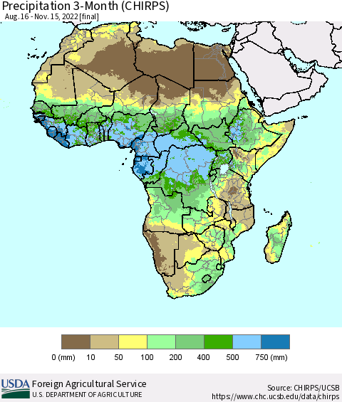 Africa Precipitation 3-Month (CHIRPS) Thematic Map For 8/16/2022 - 11/15/2022