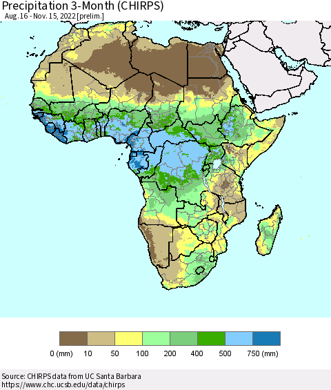 Africa Precipitation 3-Month (CHIRPS) Thematic Map For 8/16/2022 - 11/15/2022