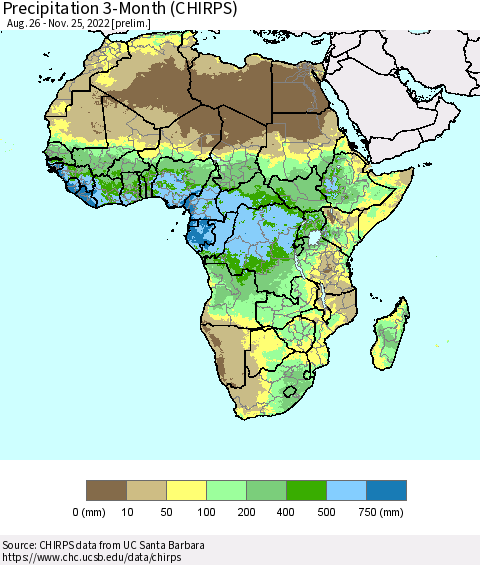 Africa Precipitation 3-Month (CHIRPS) Thematic Map For 8/26/2022 - 11/25/2022