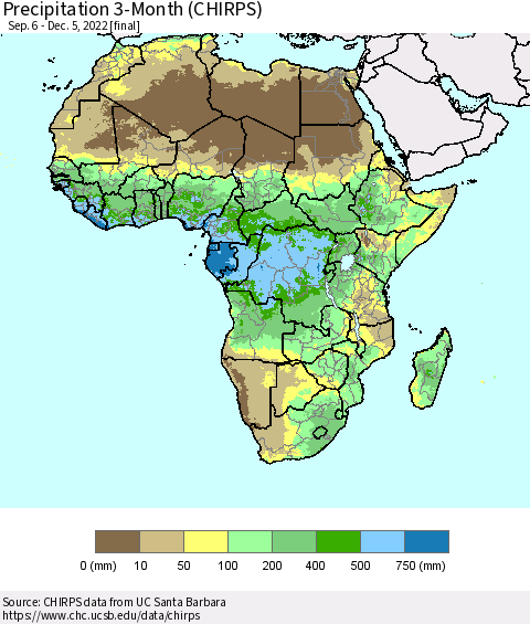 Africa Precipitation 3-Month (CHIRPS) Thematic Map For 9/6/2022 - 12/5/2022