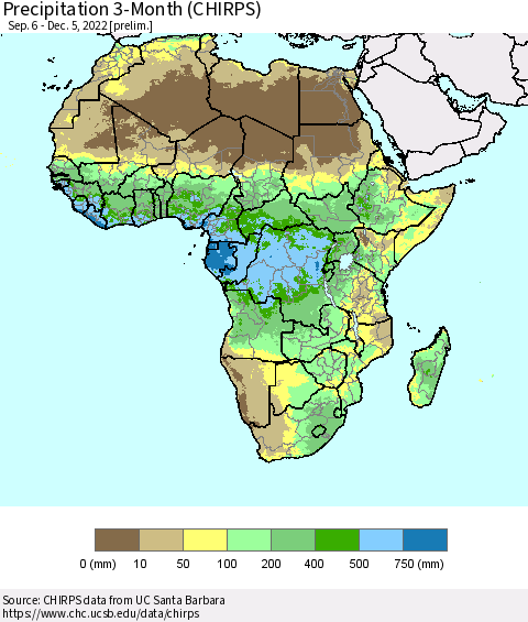 Africa Precipitation 3-Month (CHIRPS) Thematic Map For 9/6/2022 - 12/5/2022