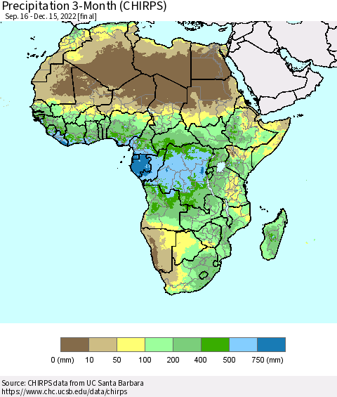 Africa Precipitation 3-Month (CHIRPS) Thematic Map For 9/16/2022 - 12/15/2022