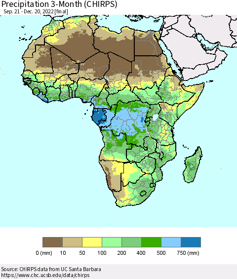 Africa Precipitation 3-Month (CHIRPS) Thematic Map For 9/21/2022 - 12/20/2022