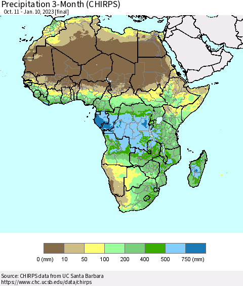 Africa Precipitation 3-Month (CHIRPS) Thematic Map For 10/11/2022 - 1/10/2023