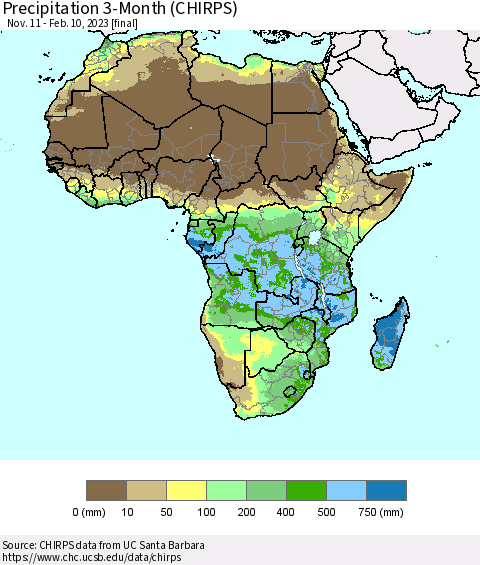 Africa Precipitation 3-Month (CHIRPS) Thematic Map For 11/11/2022 - 2/10/2023