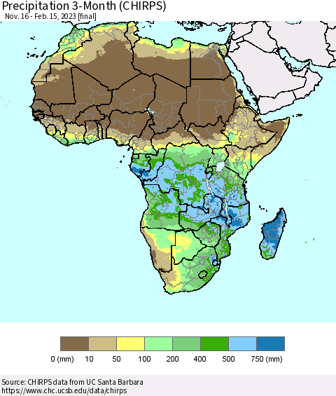 Africa Precipitation 3-Month (CHIRPS) Thematic Map For 11/16/2022 - 2/15/2023