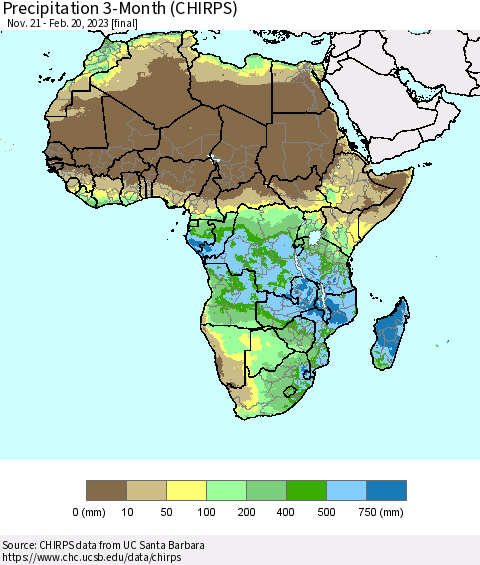 Africa Precipitation 3-Month (CHIRPS) Thematic Map For 11/21/2022 - 2/20/2023