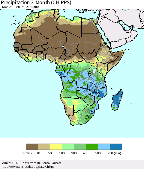 Africa Precipitation 3-Month (CHIRPS) Thematic Map For 11/26/2022 - 2/25/2023