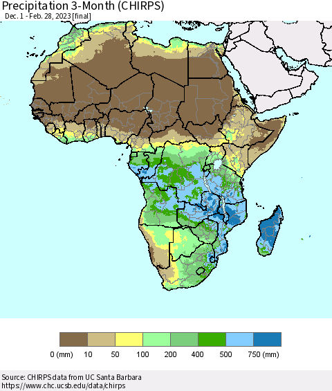 Africa Precipitation 3-Month (CHIRPS) Thematic Map For 12/1/2022 - 2/28/2023