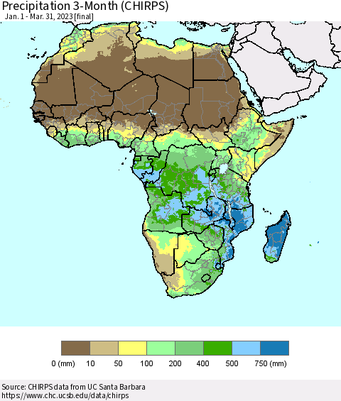 Africa Precipitation 3-Month (CHIRPS) Thematic Map For 1/1/2023 - 3/31/2023