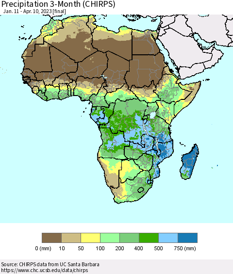 Africa Precipitation 3-Month (CHIRPS) Thematic Map For 1/11/2023 - 4/10/2023