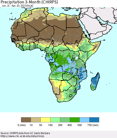 Africa Precipitation 3-Month (CHIRPS) Thematic Map For 1/21/2023 - 4/20/2023