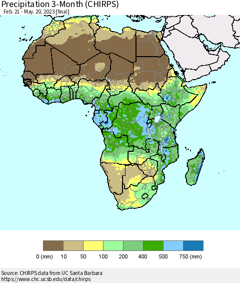Africa Precipitation 3-Month (CHIRPS) Thematic Map For 2/21/2023 - 5/20/2023