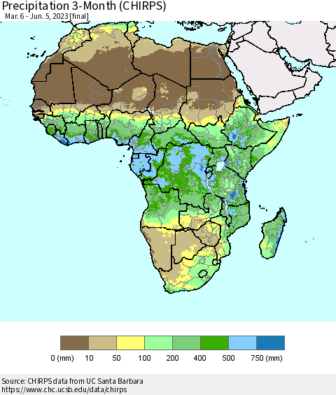 Africa Precipitation 3-Month (CHIRPS) Thematic Map For 3/6/2023 - 6/5/2023