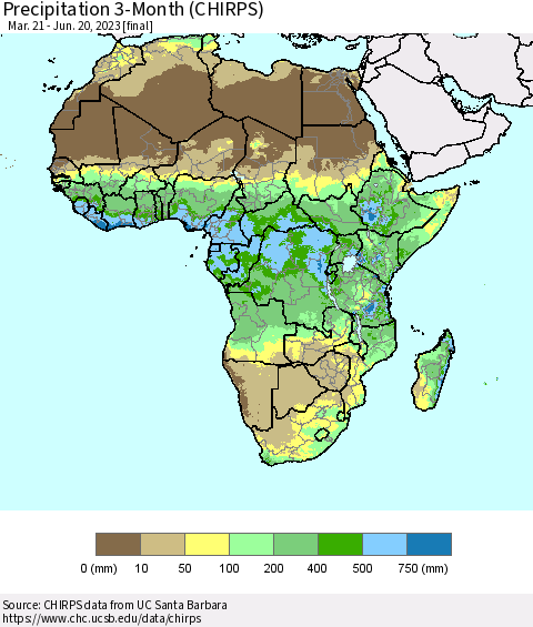 Africa Precipitation 3-Month (CHIRPS) Thematic Map For 3/21/2023 - 6/20/2023