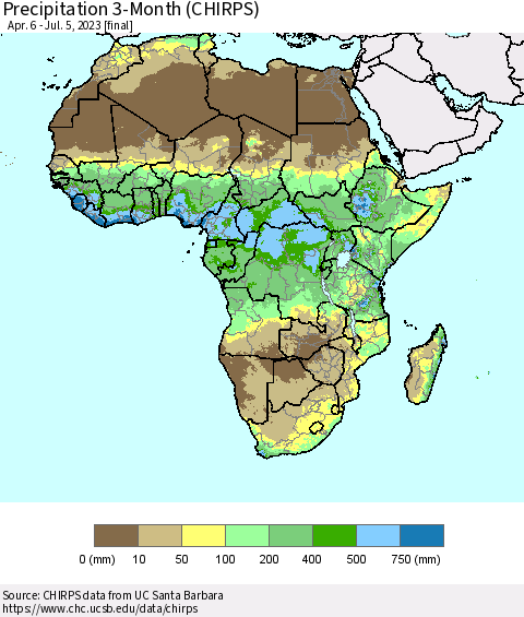 Africa Precipitation 3-Month (CHIRPS) Thematic Map For 4/6/2023 - 7/5/2023