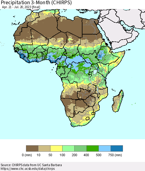Africa Precipitation 3-Month (CHIRPS) Thematic Map For 4/21/2023 - 7/20/2023