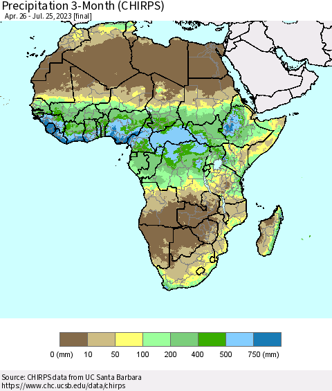 Africa Precipitation 3-Month (CHIRPS) Thematic Map For 4/26/2023 - 7/25/2023