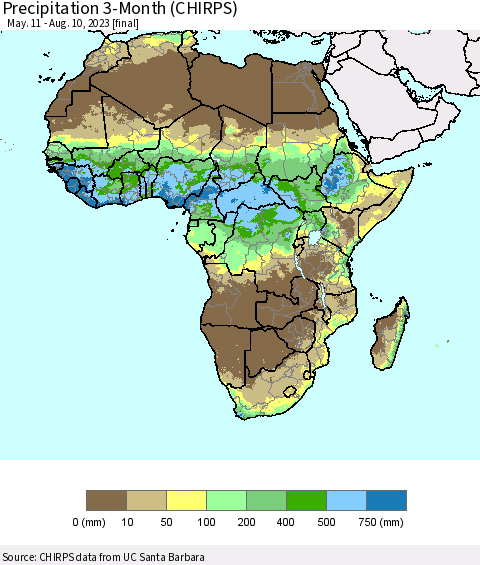 Africa Precipitation 3-Month (CHIRPS) Thematic Map For 5/11/2023 - 8/10/2023
