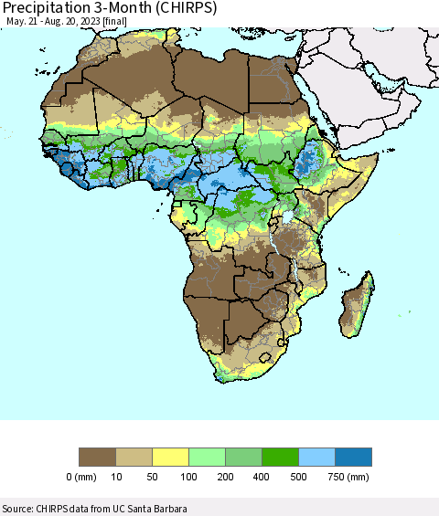 Africa Precipitation 3-Month (CHIRPS) Thematic Map For 5/21/2023 - 8/20/2023