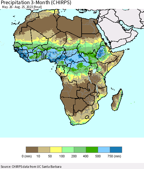 Africa Precipitation 3-Month (CHIRPS) Thematic Map For 5/26/2023 - 8/25/2023