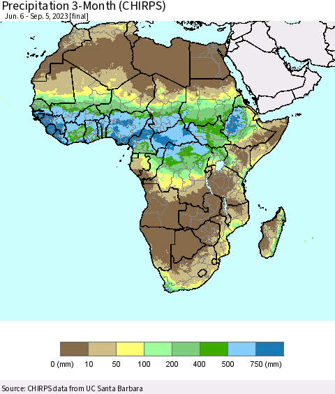 Africa Precipitation 3-Month (CHIRPS) Thematic Map For 6/6/2023 - 9/5/2023
