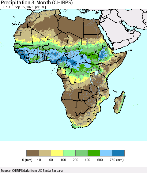 Africa Precipitation 3-Month (CHIRPS) Thematic Map For 6/16/2023 - 9/15/2023