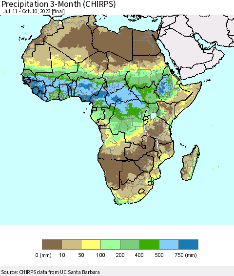 Africa Precipitation 3-Month (CHIRPS) Thematic Map For 7/11/2023 - 10/10/2023