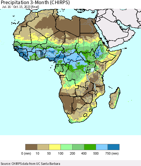 Africa Precipitation 3-Month (CHIRPS) Thematic Map For 7/16/2023 - 10/15/2023
