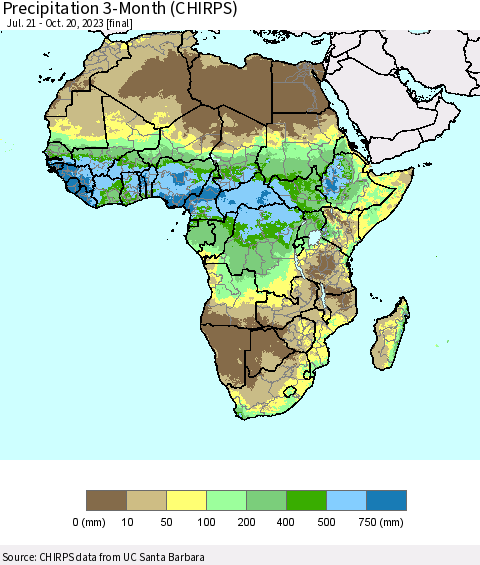 Africa Precipitation 3-Month (CHIRPS) Thematic Map For 7/21/2023 - 10/20/2023
