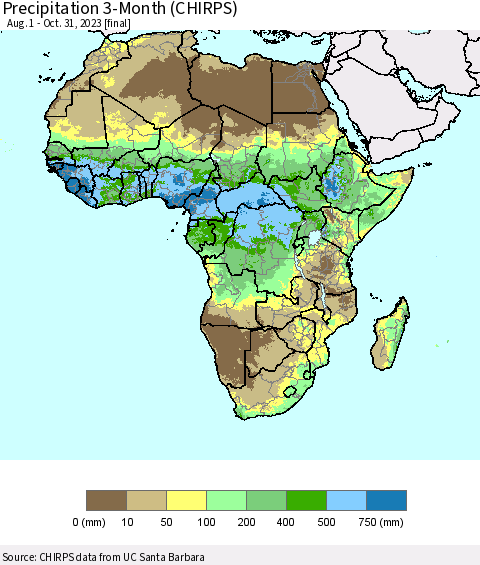 Africa Precipitation 3-Month (CHIRPS) Thematic Map For 8/1/2023 - 10/31/2023