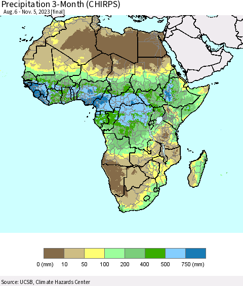 Africa Precipitation 3-Month (CHIRPS) Thematic Map For 8/6/2023 - 11/5/2023
