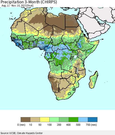 Africa Precipitation 3-Month (CHIRPS) Thematic Map For 8/11/2023 - 11/10/2023