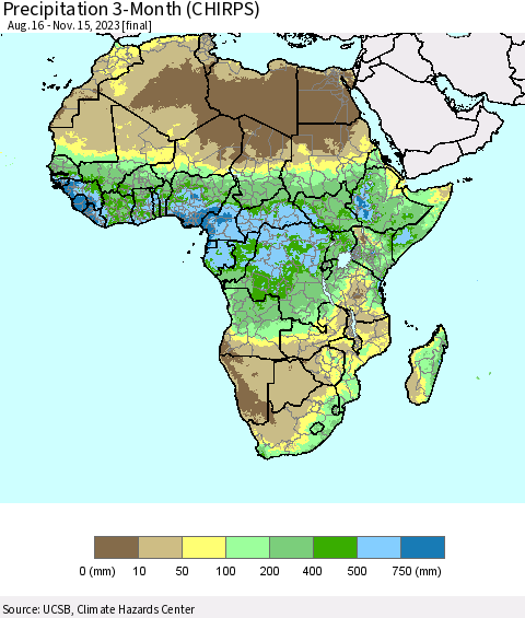 Africa Precipitation 3-Month (CHIRPS) Thematic Map For 8/16/2023 - 11/15/2023